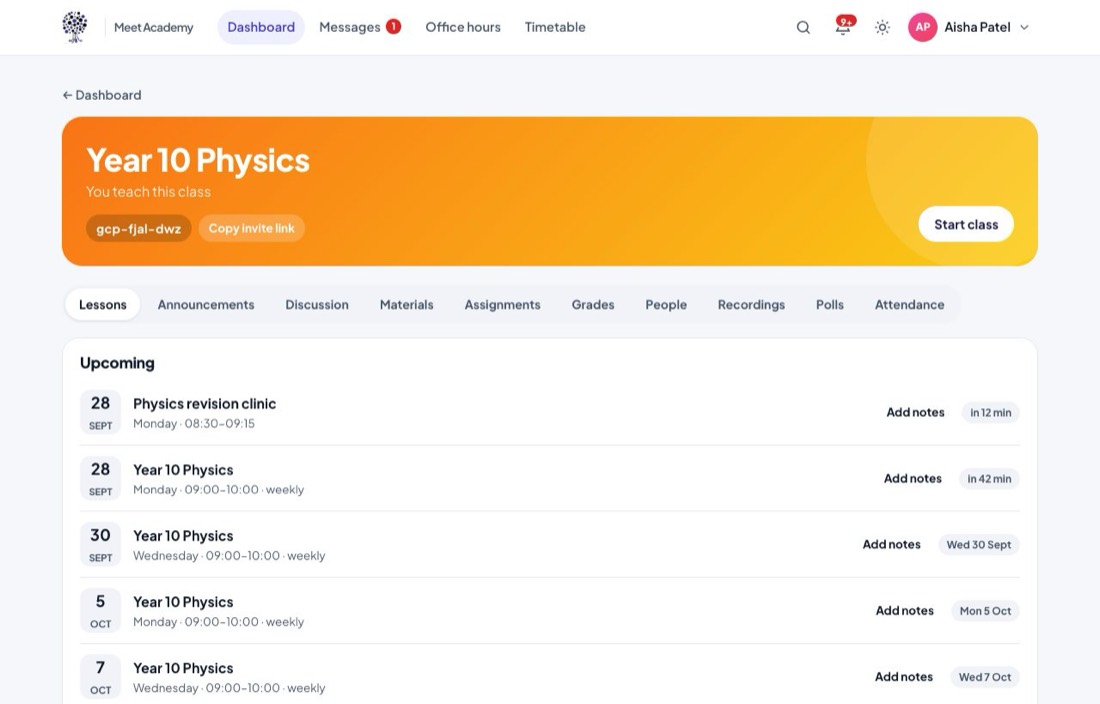 Classroom class page